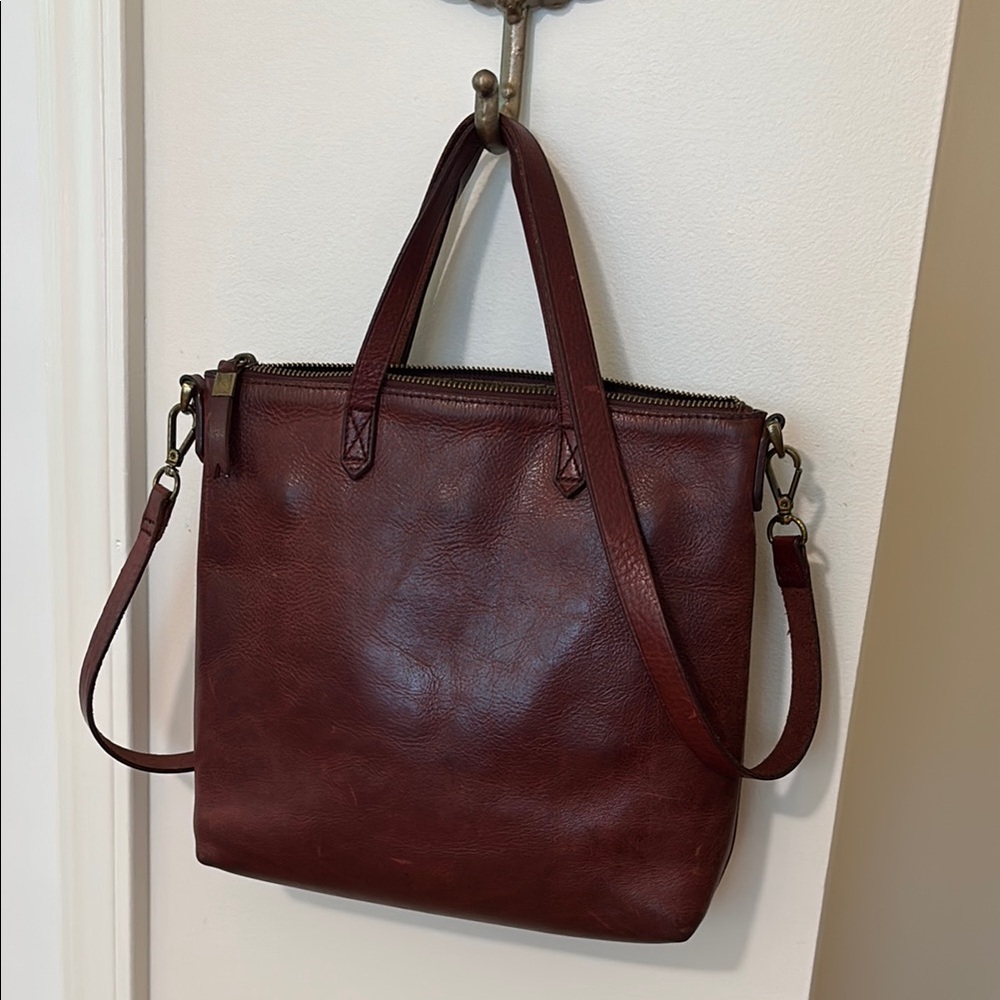 Madewell crossbody zip top transport tote mini purse deep red leather - Picture 2 of 12